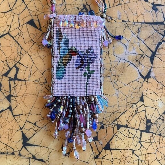 Hand Woven Bead Pouch Necklace Reversible Hummingbird Cat Cottage Boho Trinket - Picture 2 of 16